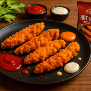 A crisp fried hot and spicy chicken strips on a minimalist m - PickMillet.com Three crispy orange chicken tenders on a dark plate with ketchup, mayo, and mustard dots, celery on the side and a hot‑and‑spicy chicken strips bag in the background.